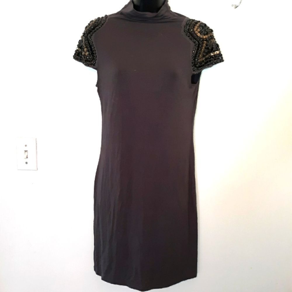 Gray dress with beaded sleeves